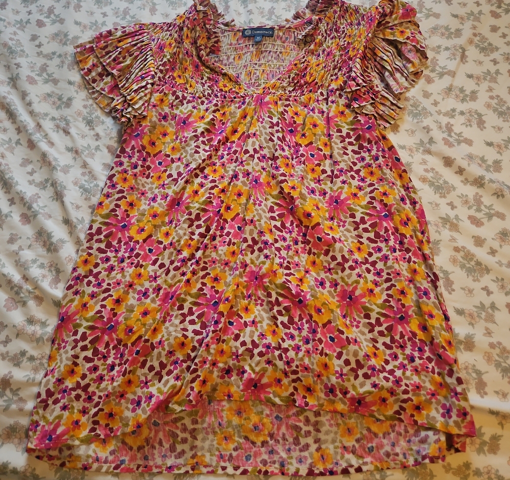 Democracy Floral Smocked Yoke Blouse in Yellow Pink
